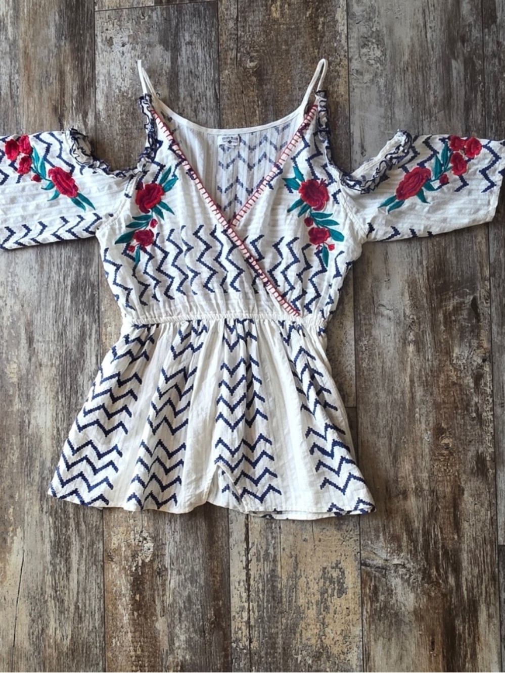 Crazy Train White and Blue Embroidered Top